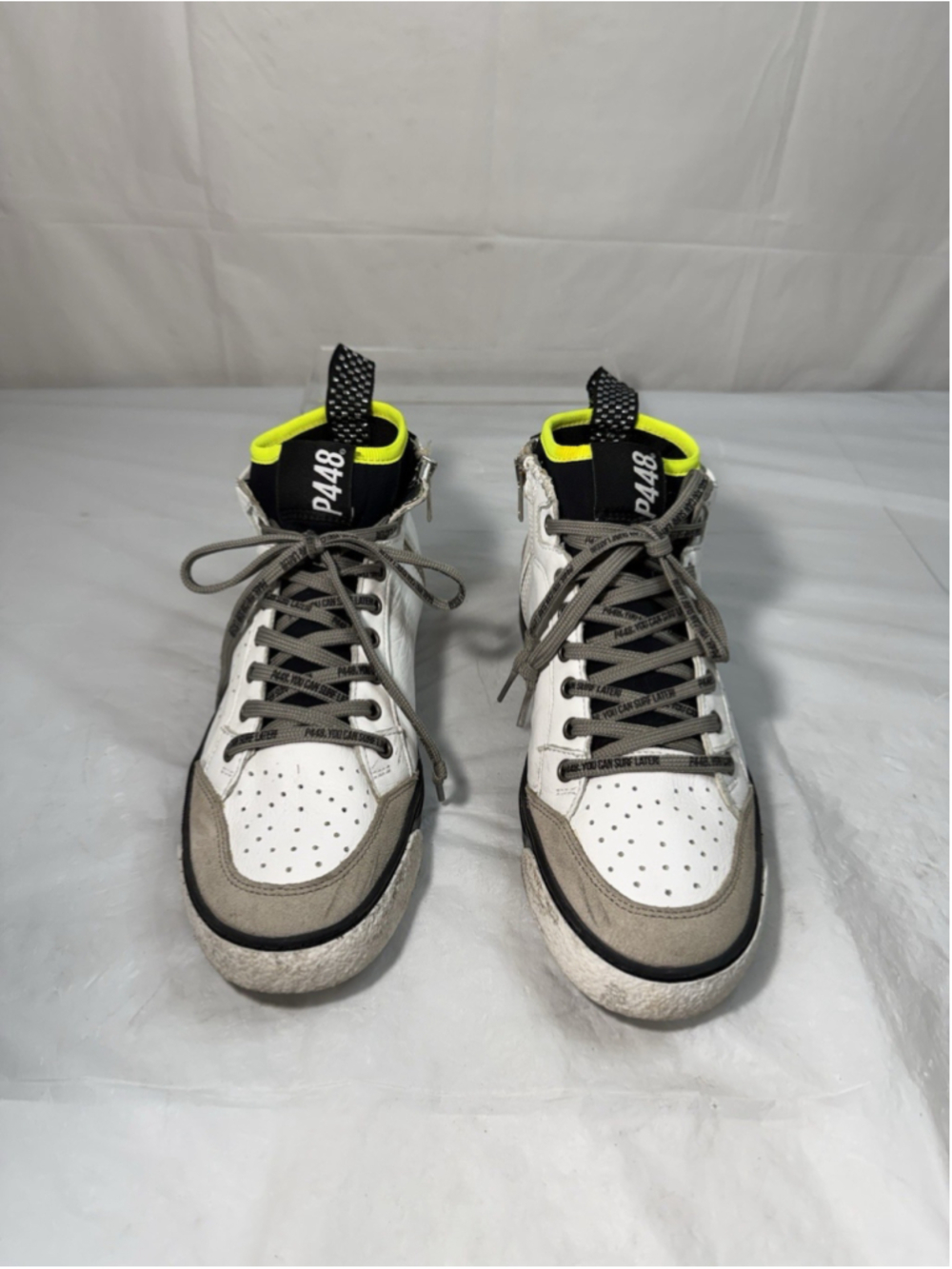 P448 Womens EU 38 US 7.5-8 Miami White Leather Neon Sock Lined High Top Sneakers